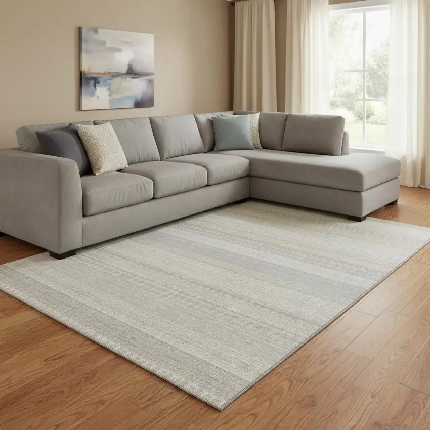 Ivory And Beige Striped Washable Area Rug With UV Protection Photo 1