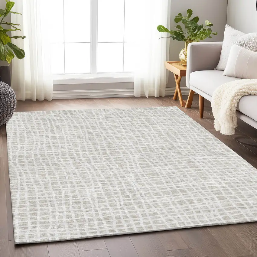 Ivory And Beige Striped Washable Area Rug With UV Protection Photo 5