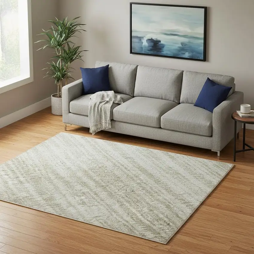 Ivory And Beige Striped Washable Area Rug With UV Protection Photo 2