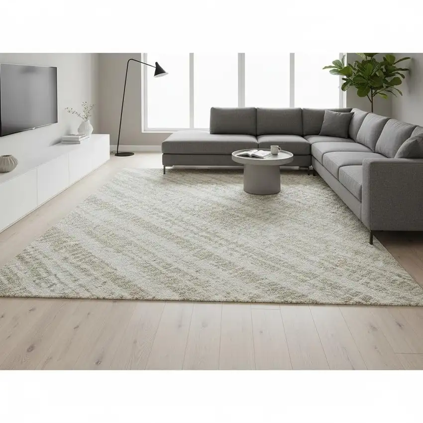 Ivory And Beige Striped Washable Area Rug With UV Protection Photo 2