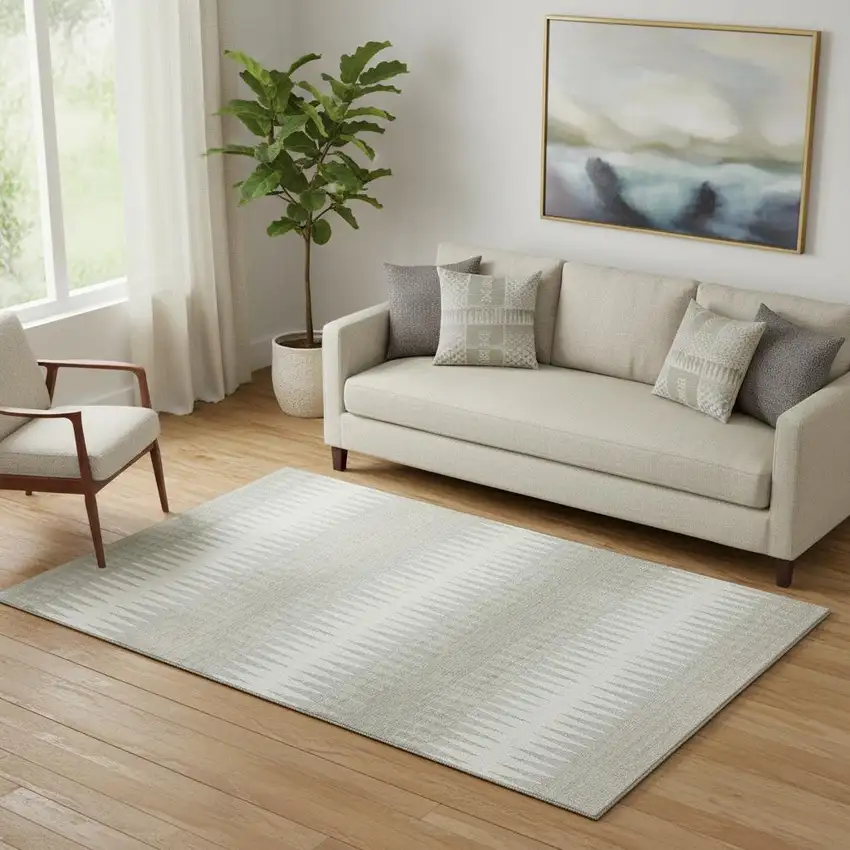 Ivory And Beige Striped Washable Area Rug With UV Protection Photo 1