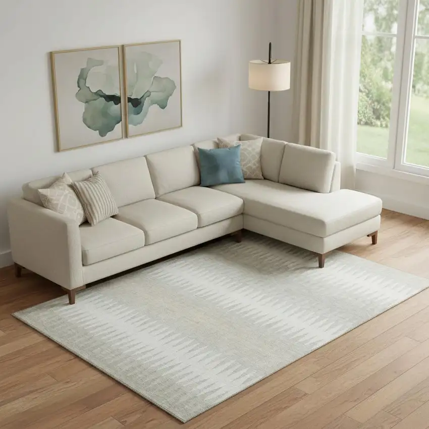 Ivory And Beige Striped Washable Area Rug With UV Protection Photo 1