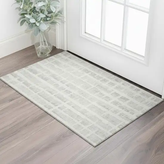 Ivory And Beige Striped Washable Area Rug With UV Protection Photo 1