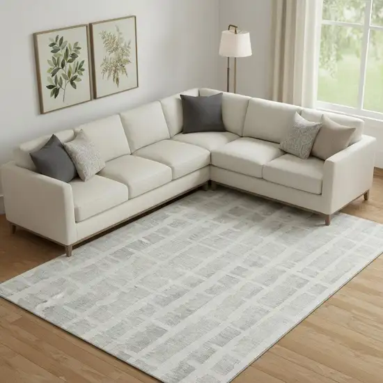 Ivory And Beige Striped Washable Area Rug With UV Protection Photo 1