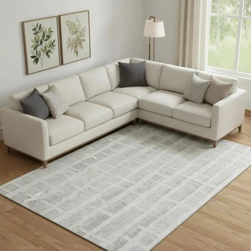 Ivory And Beige Striped Washable Area Rug With UV Protection Photo 1