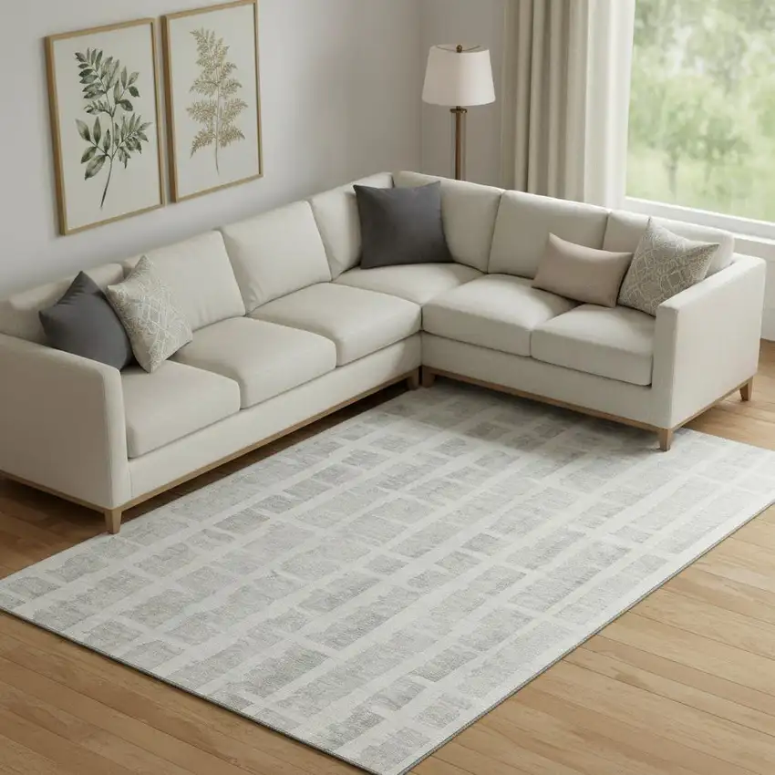 Ivory And Beige Striped Washable Area Rug With UV Protection Photo 1