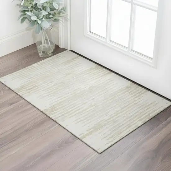 Ivory And Beige Striped Washable Area Rug With UV Protection Photo 1
