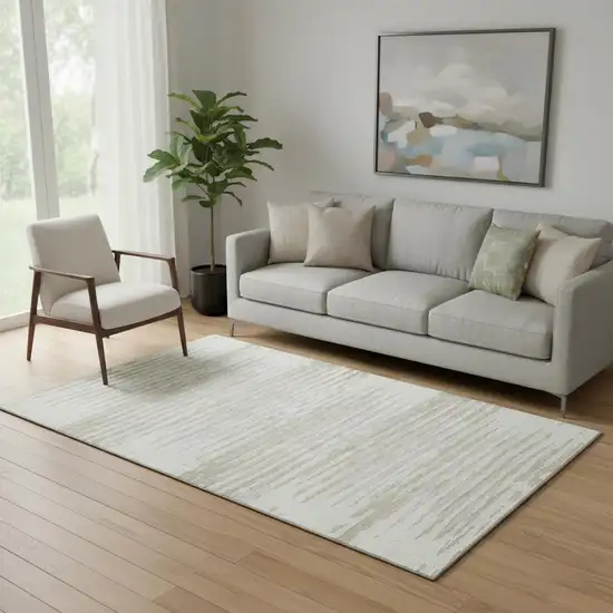 Ivory And Beige Striped Washable Area Rug With UV Protection Photo 1