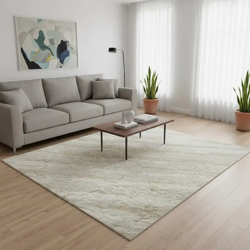 Ivory And Beige Striped Washable Area Rug With UV Protection Photo 2