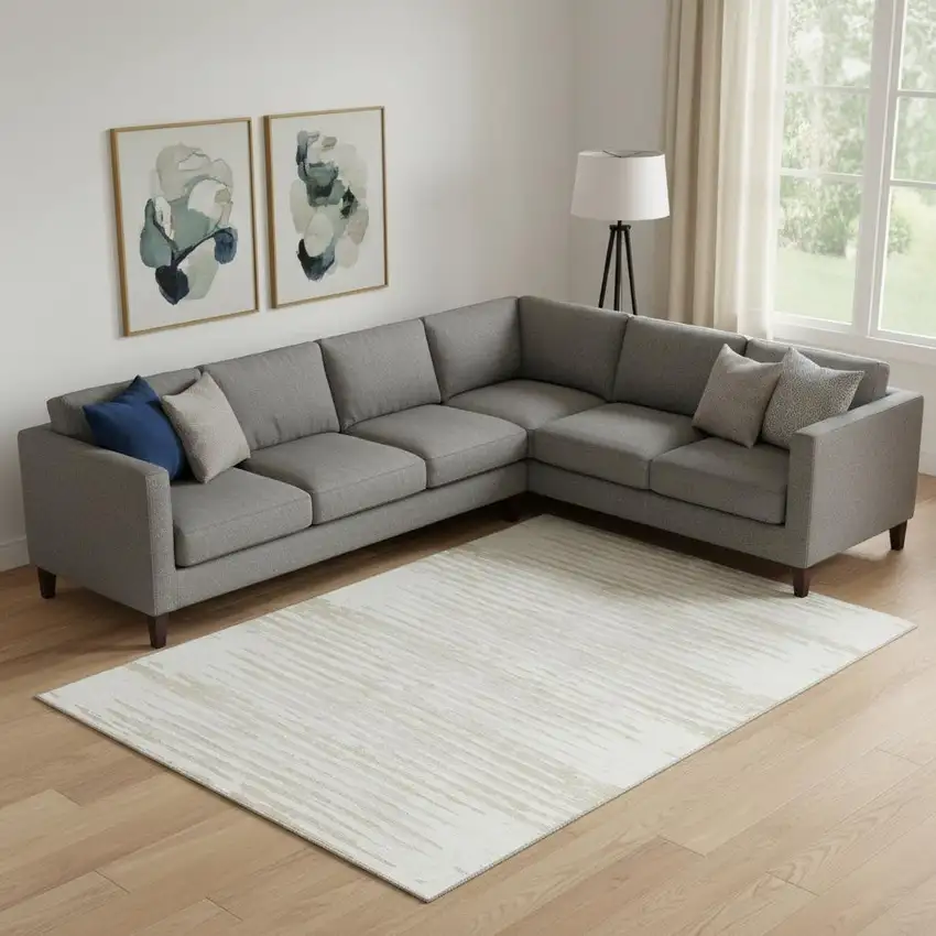 Ivory And Beige Striped Washable Area Rug With UV Protection Photo 1