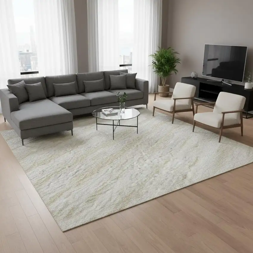 Ivory And Beige Striped Washable Area Rug With UV Protection Photo 2