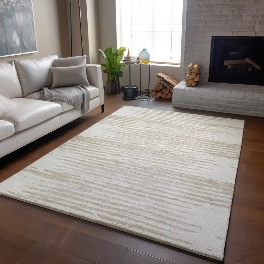 Ivory And Beige Striped Washable Area Rug With UV Protection Photo 5