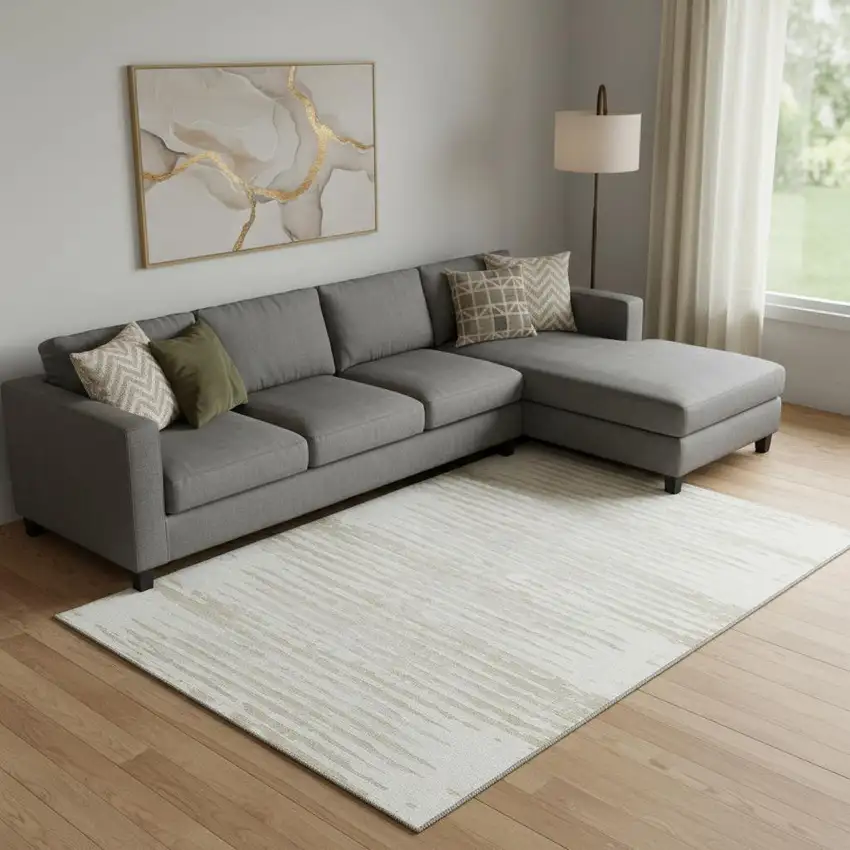 Ivory And Beige Striped Washable Area Rug With UV Protection Photo 1