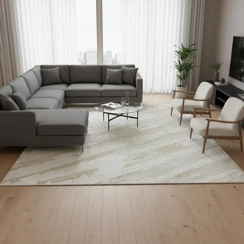 Ivory And Beige Striped Washable Area Rug With UV Protection Photo 2