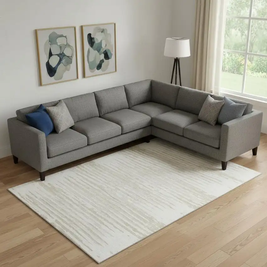 Ivory And Beige Striped Washable Area Rug With UV Protection Photo 1