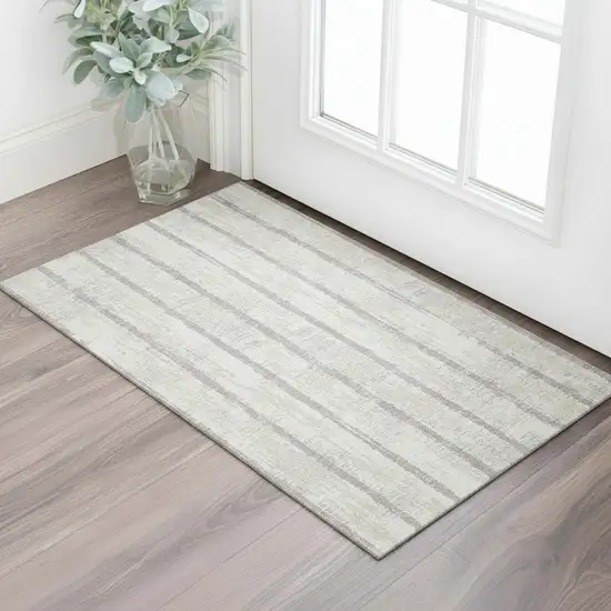 Ivory And Beige Striped Washable Area Rug With UV Protection Photo 1