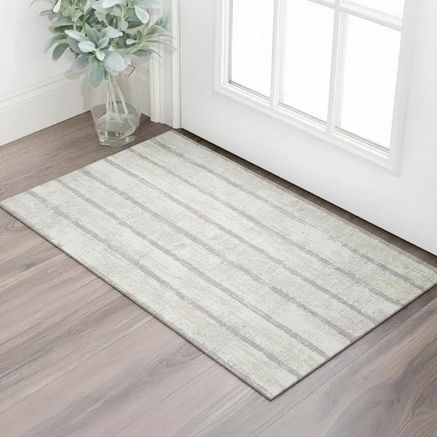 Ivory And Beige Striped Washable Area Rug With UV Protection Photo 1