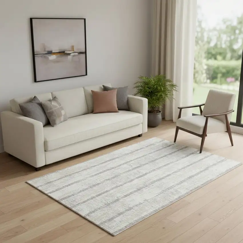 Ivory And Beige Striped Washable Area Rug With UV Protection Photo 1