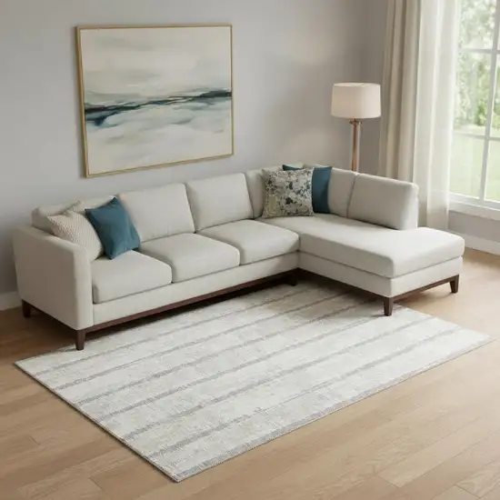 Ivory And Beige Striped Washable Area Rug With UV Protection Photo 1