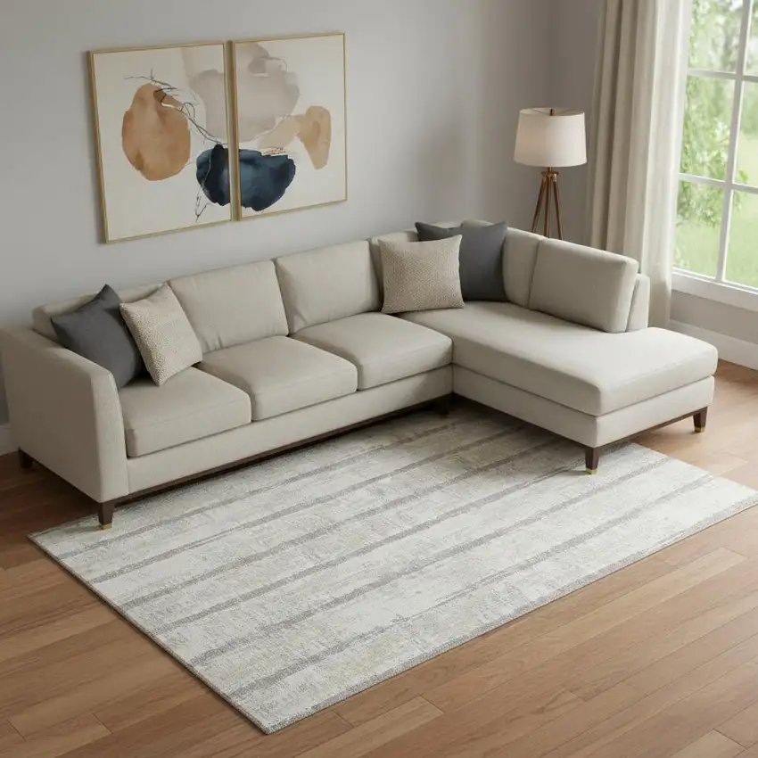 Ivory And Beige Striped Washable Area Rug With UV Protection Photo 1