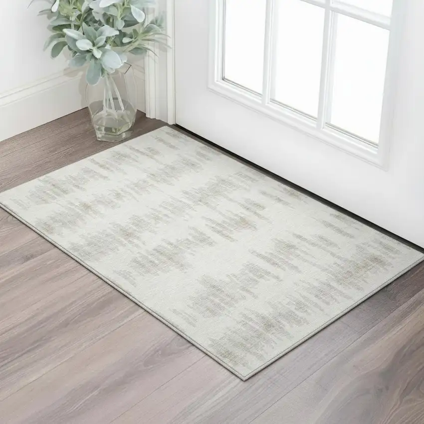 Ivory And Beige Striped Washable Area Rug With UV Protection Photo 2