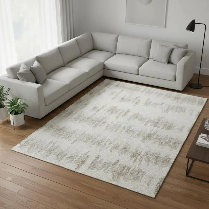 Ivory And Beige Striped Washable Area Rug With UV Protection Photo 2