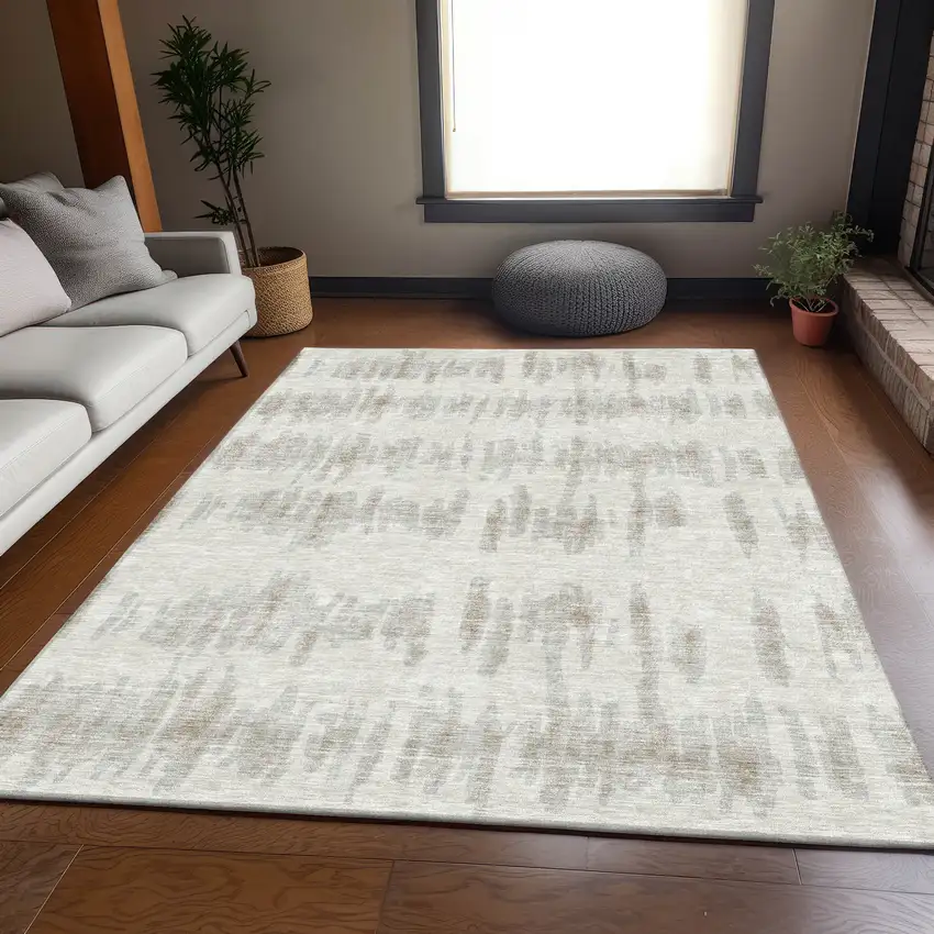 Ivory And Beige Striped Washable Area Rug With UV Protection Photo 6