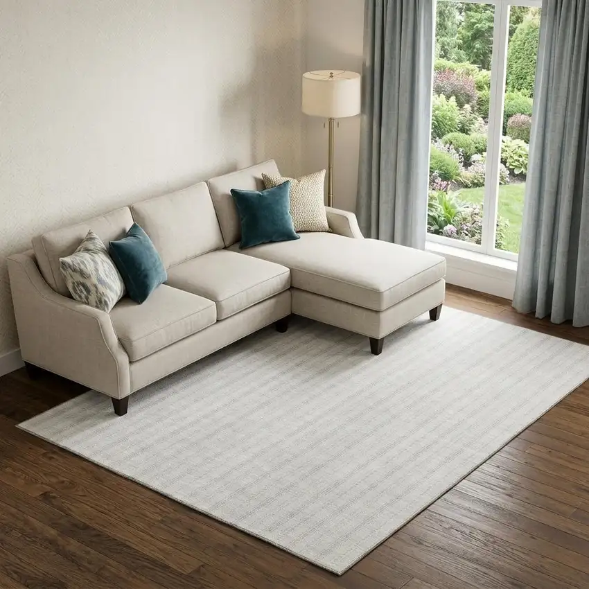 Ivory And Beige Striped Washable Area Rug With UV Protection Photo 1