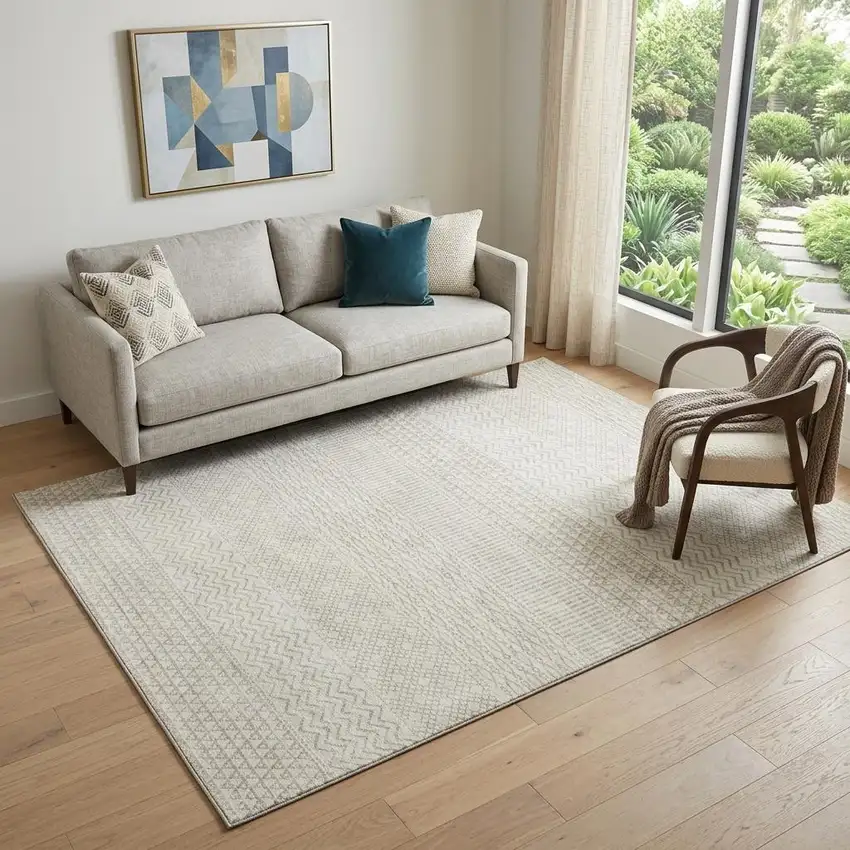 Ivory And Beige Striped Washable Area Rug With UV Protection Photo 1
