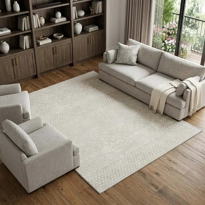 Ivory And Beige Striped Washable Area Rug With UV Protection Photo 1
