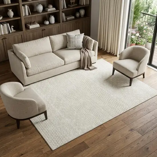 Ivory And Beige Striped Washable Area Rug With UV Protection Photo 1