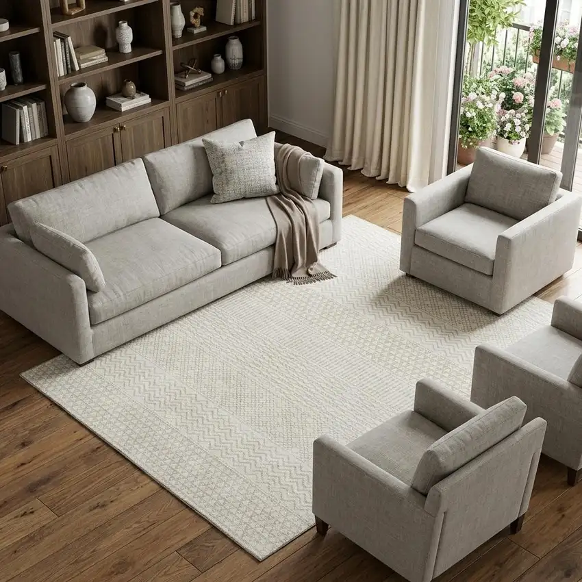Ivory And Beige Striped Washable Area Rug With UV Protection Photo 1