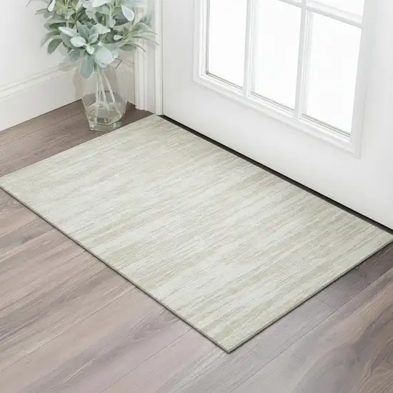 Ivory And Beige Striped Washable Area Rug With UV Protection Photo 2