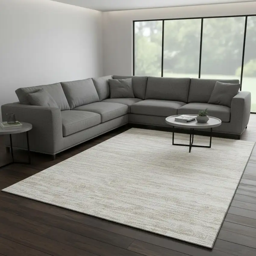 Ivory And Beige Striped Washable Area Rug With UV Protection Photo 2