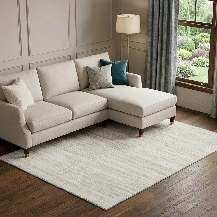 Ivory And Beige Striped Washable Area Rug With UV Protection Photo 1