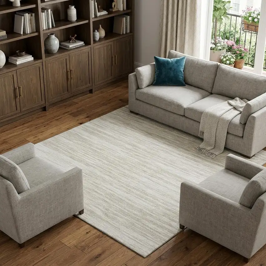 Ivory And Beige Striped Washable Area Rug With UV Protection Photo 1