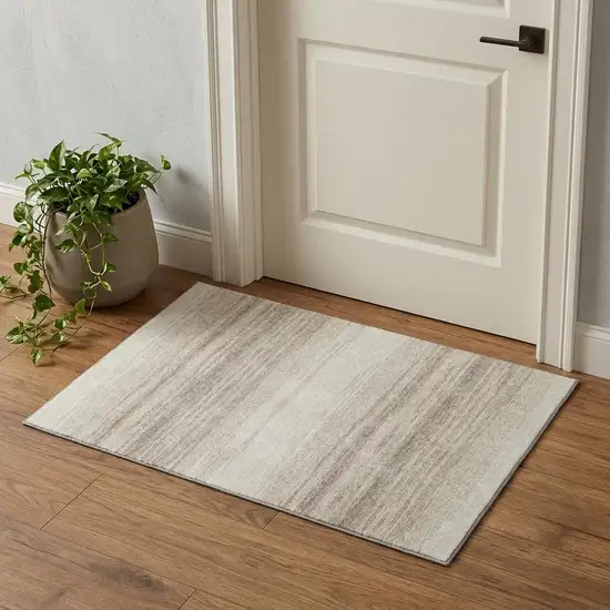 Ivory And Beige Striped Washable Area Rug With UV Protection Photo 1
