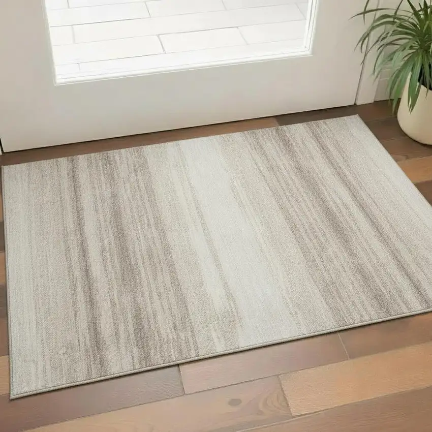 Ivory And Beige Striped Washable Area Rug With UV Protection Photo 2