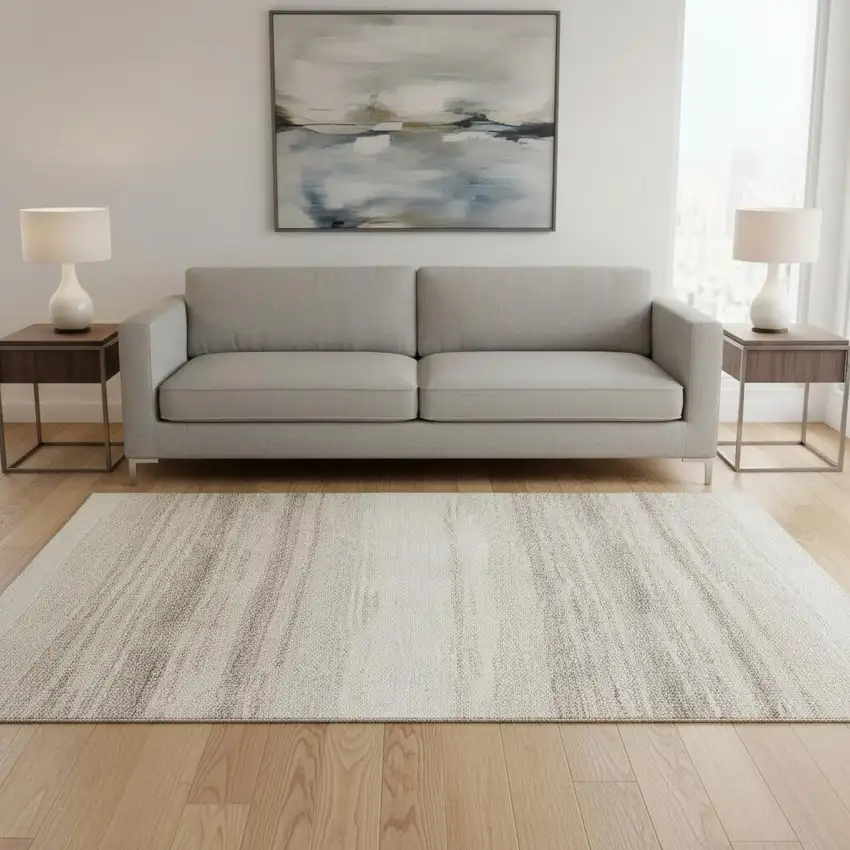 Ivory And Beige Striped Washable Area Rug With UV Protection Photo 2