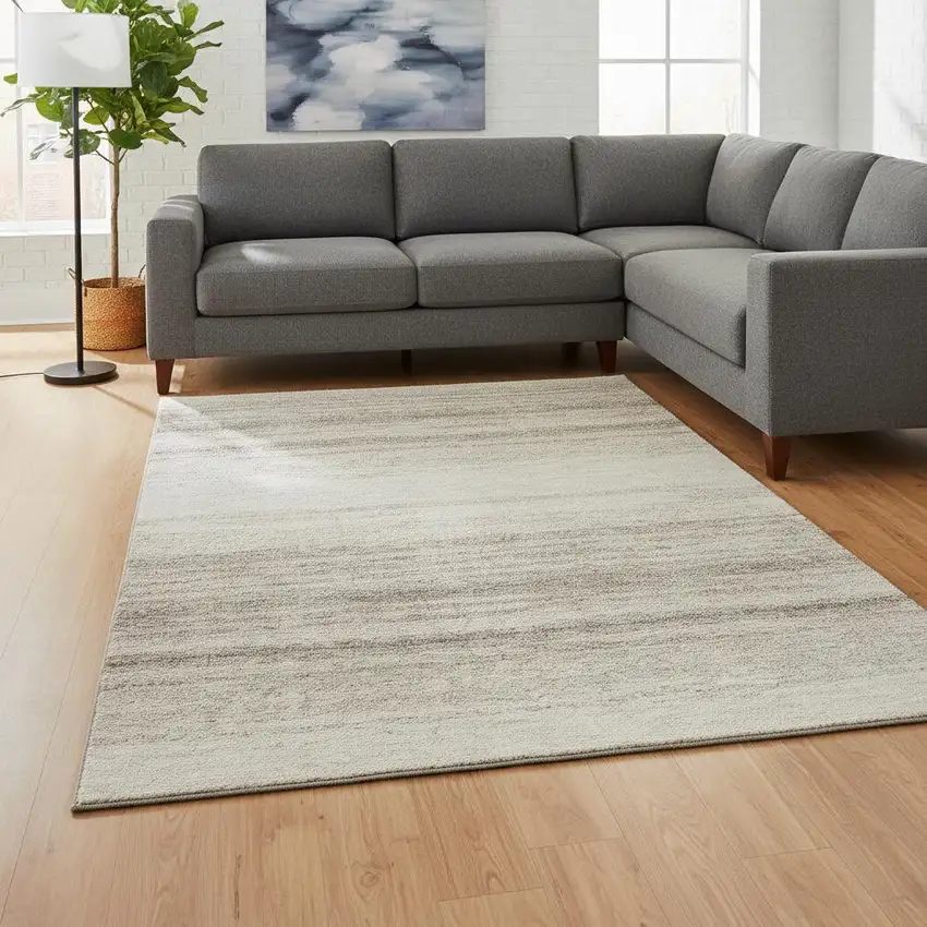 Ivory And Beige Striped Washable Area Rug With UV Protection Photo 2