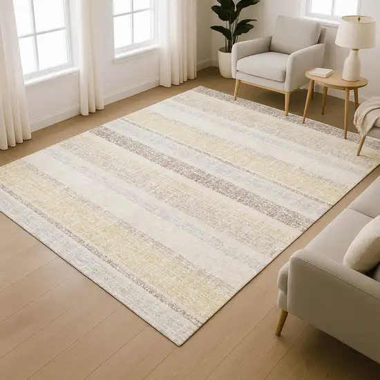 Ivory And Beige Striped Washable Area Rug With UV Protection Photo 6
