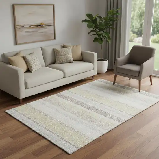 Ivory And Beige Striped Washable Area Rug With UV Protection Photo 2