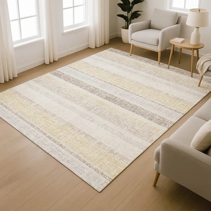 Ivory And Beige Striped Washable Area Rug With UV Protection Photo 6