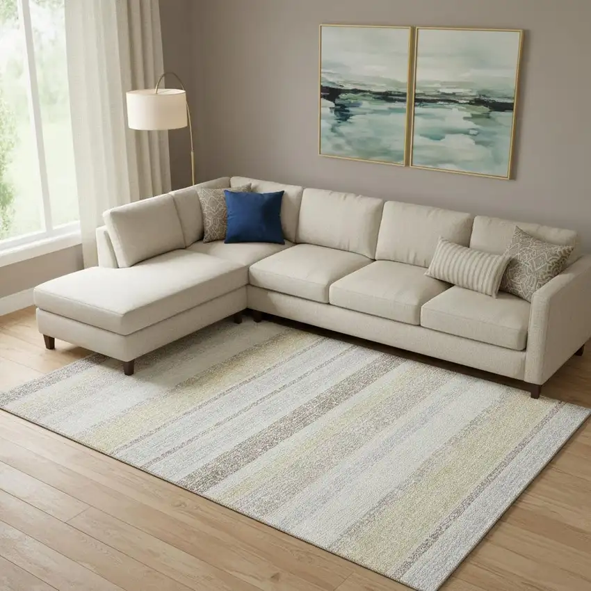 Ivory And Beige Striped Washable Area Rug With UV Protection Photo 2