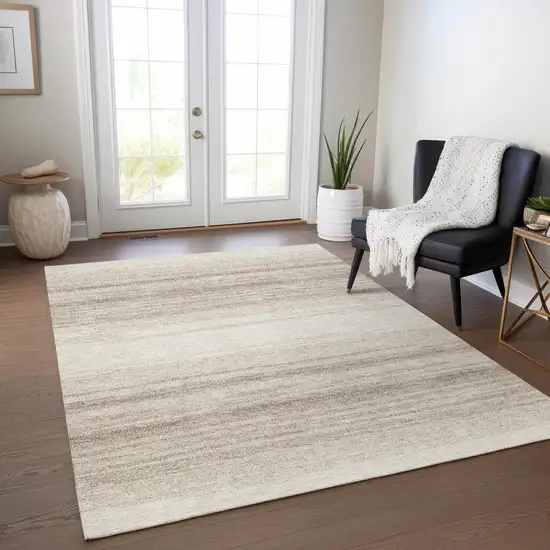 Ivory And Beige Striped Washable Indoor Outdoor Area Rug Photo 9
