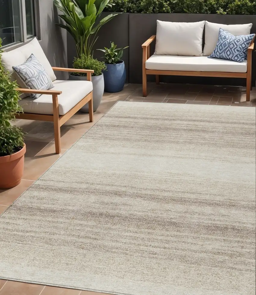 Ivory And Beige Striped Washable Indoor Outdoor Area Rug Photo 1