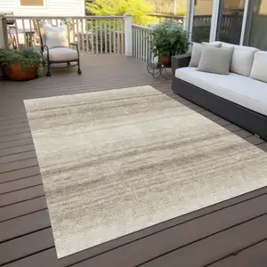 Photo of Ivory And Beige Striped Washable Indoor Outdoor Area Rug