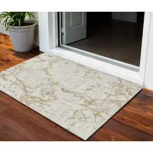 Photo of Ivory And Beige Striped Washable Indoor Outdoor Area Rug