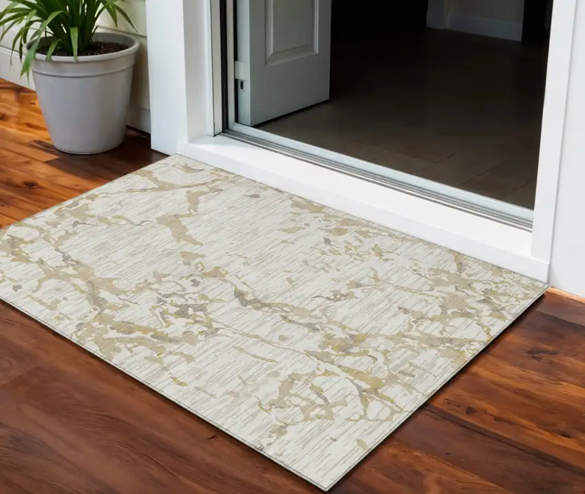 Ivory And Beige Striped Washable Indoor Outdoor Area Rug Photo 1