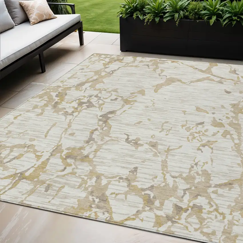 Ivory And Beige Striped Washable Indoor Outdoor Area Rug Photo 1